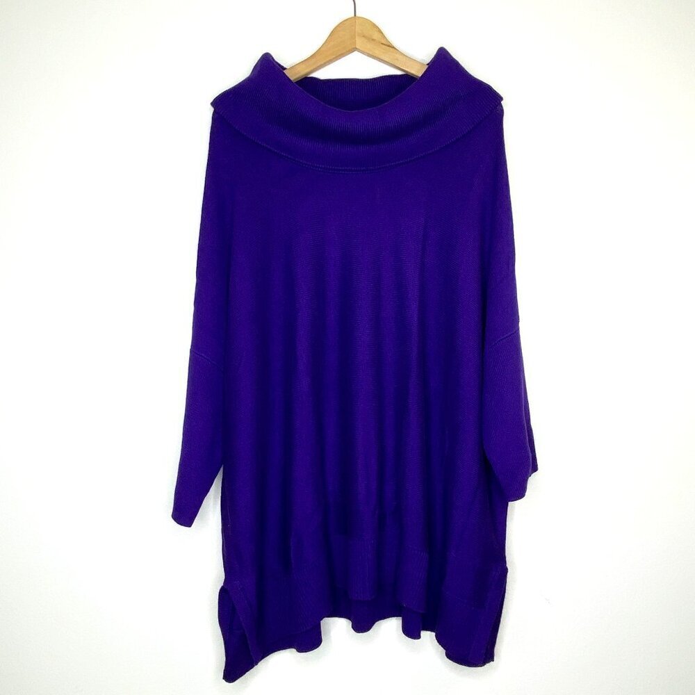 NWT Chico's Karmin Cowl Neck Sweater Purple XXL Cotton Silk Blend Poncho 3/4
